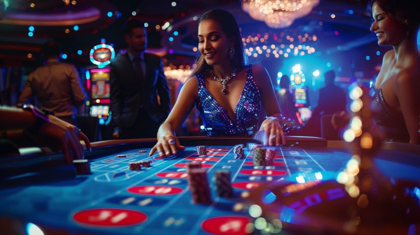 Dealer live casino rajacasino88 sedang membagikan kartu blackjack di studio streaming HD dengan cahaya profesional